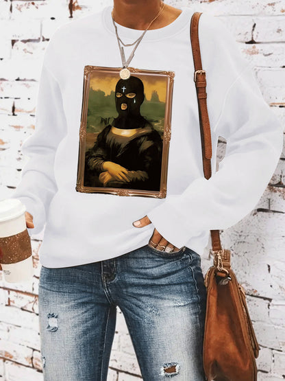 Portrait pattern printed round neck hoodie for women