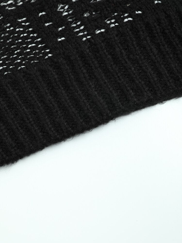 Black Jacquard Big Size Knitting Sweater Round Neck Long Sleeve Women Pullovers New Fashion Autumn Winter