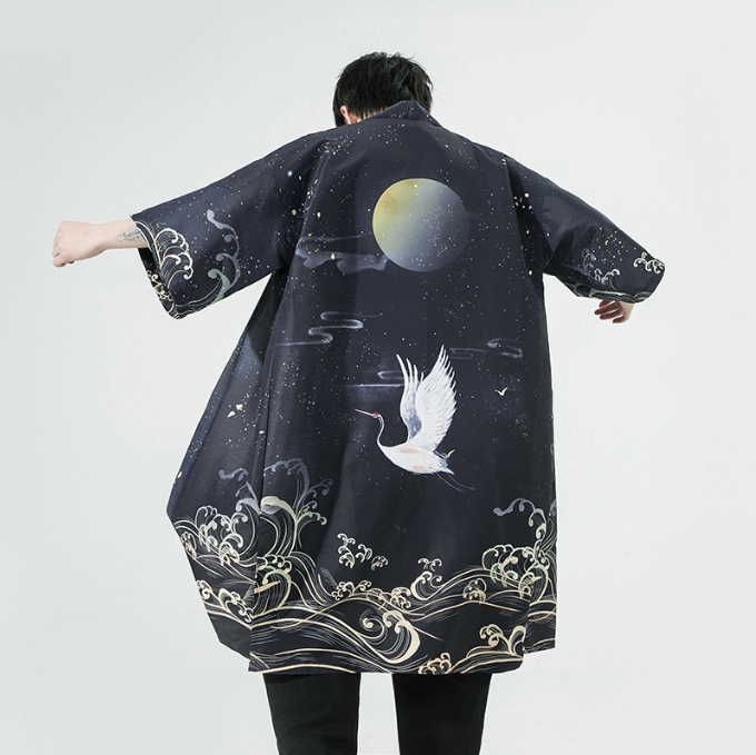 Summer New Chinese Style Men Fashion Print Long Crane Hanfu Japanese Large Cardigan Cloak Men