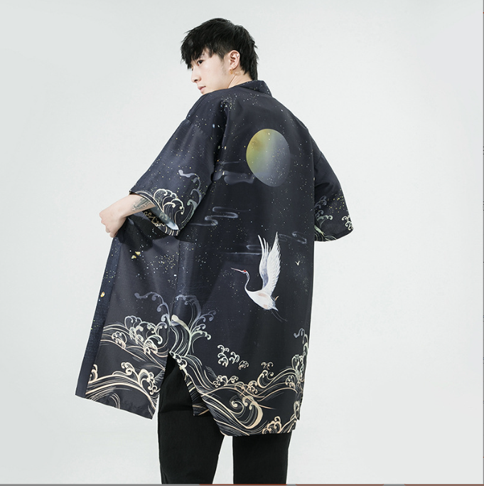 Summer New Chinese Style Men Fashion Print Long Crane Hanfu Japanese Large Cardigan Cloak Men