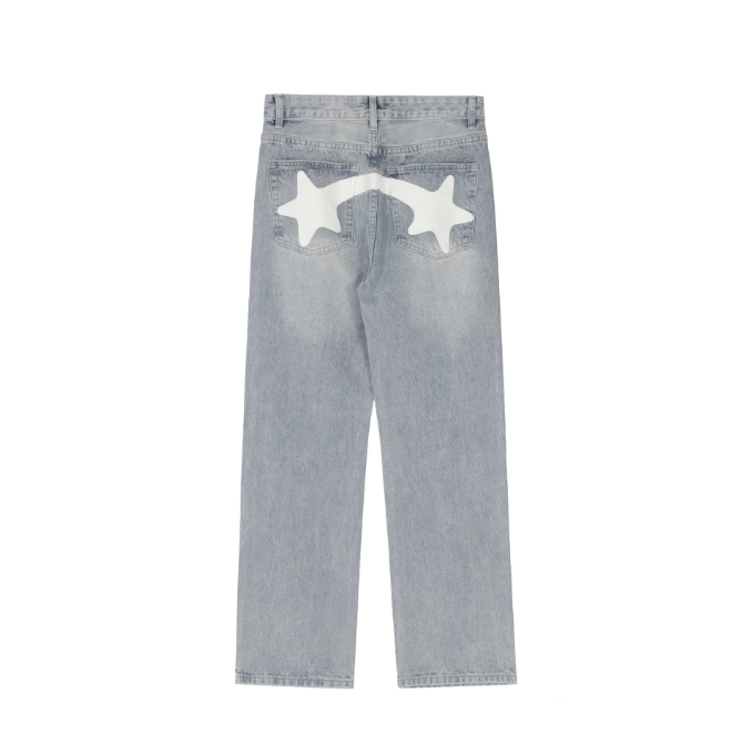 American high street pentagram printed jeans men fashion brand street loose wide leg casual straight trousers
