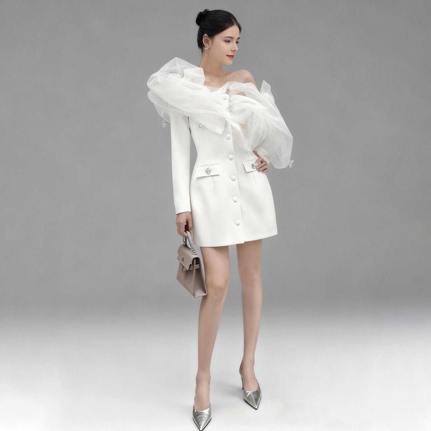 Tibetan blue mesh cloud shoulder diamond pendant solid color dress