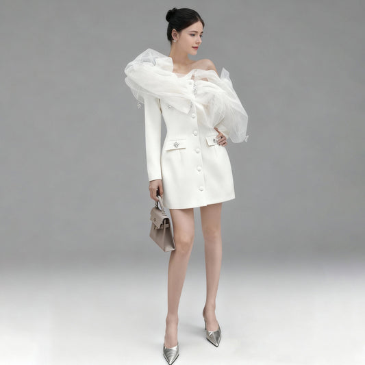 Tibetan blue mesh cloud shoulder diamond pendant solid color dress