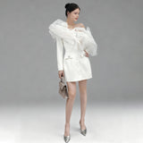 Tibetan blue mesh cloud shoulder diamond pendant solid color dress