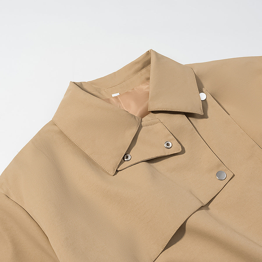 Khaki medium long lapel waist tied windbreaker jacket