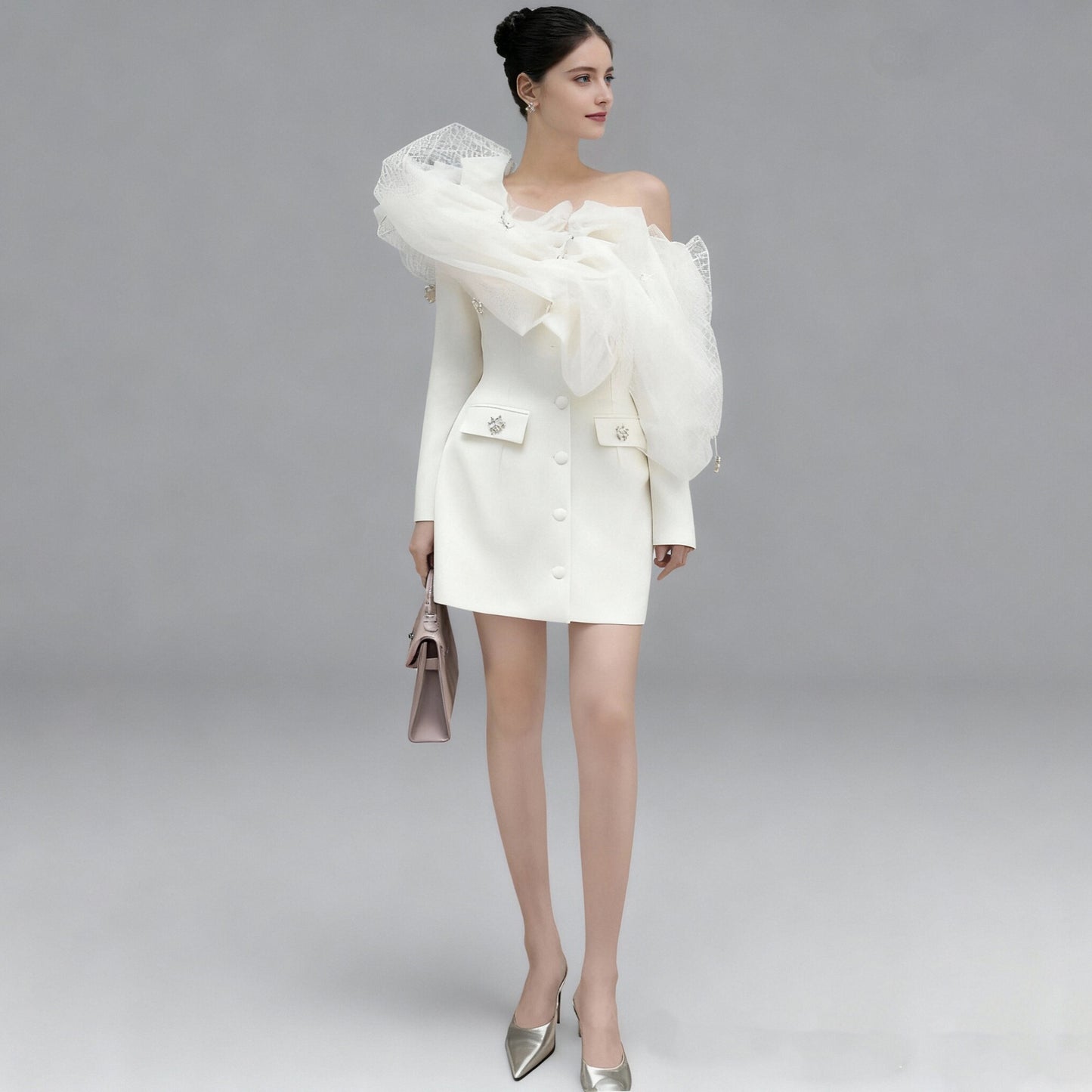 Tibetan blue mesh cloud shoulder diamond pendant solid color dress