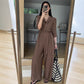 Elegant Solid-Color V-Neck Long-Sleeve Lace-Up Wide-Leg Jumpsuit