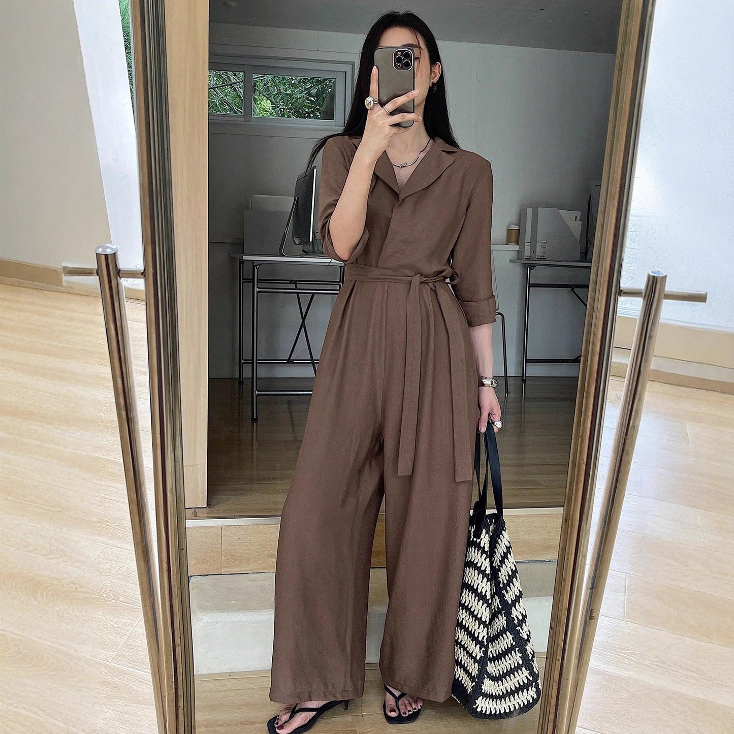Elegant Solid-Color V-Neck Long-Sleeve Lace-Up Wide-Leg Jumpsuit