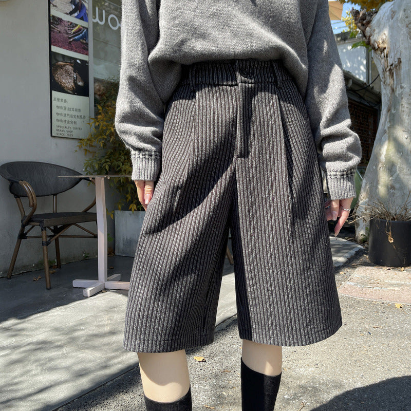 Womens AutumnWinter High-Waisted Striped Retro Wide-Leg Cropped Pants