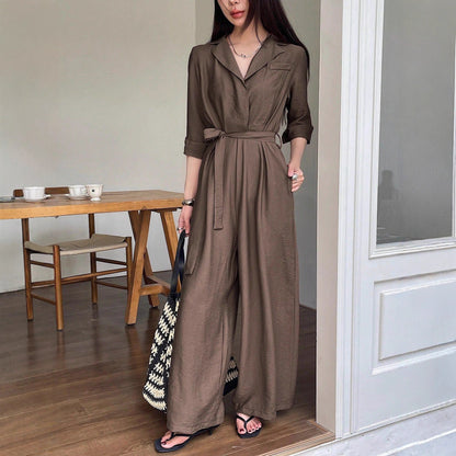 Elegant Solid-Color V-Neck Long-Sleeve Lace-Up Wide-Leg Jumpsuit