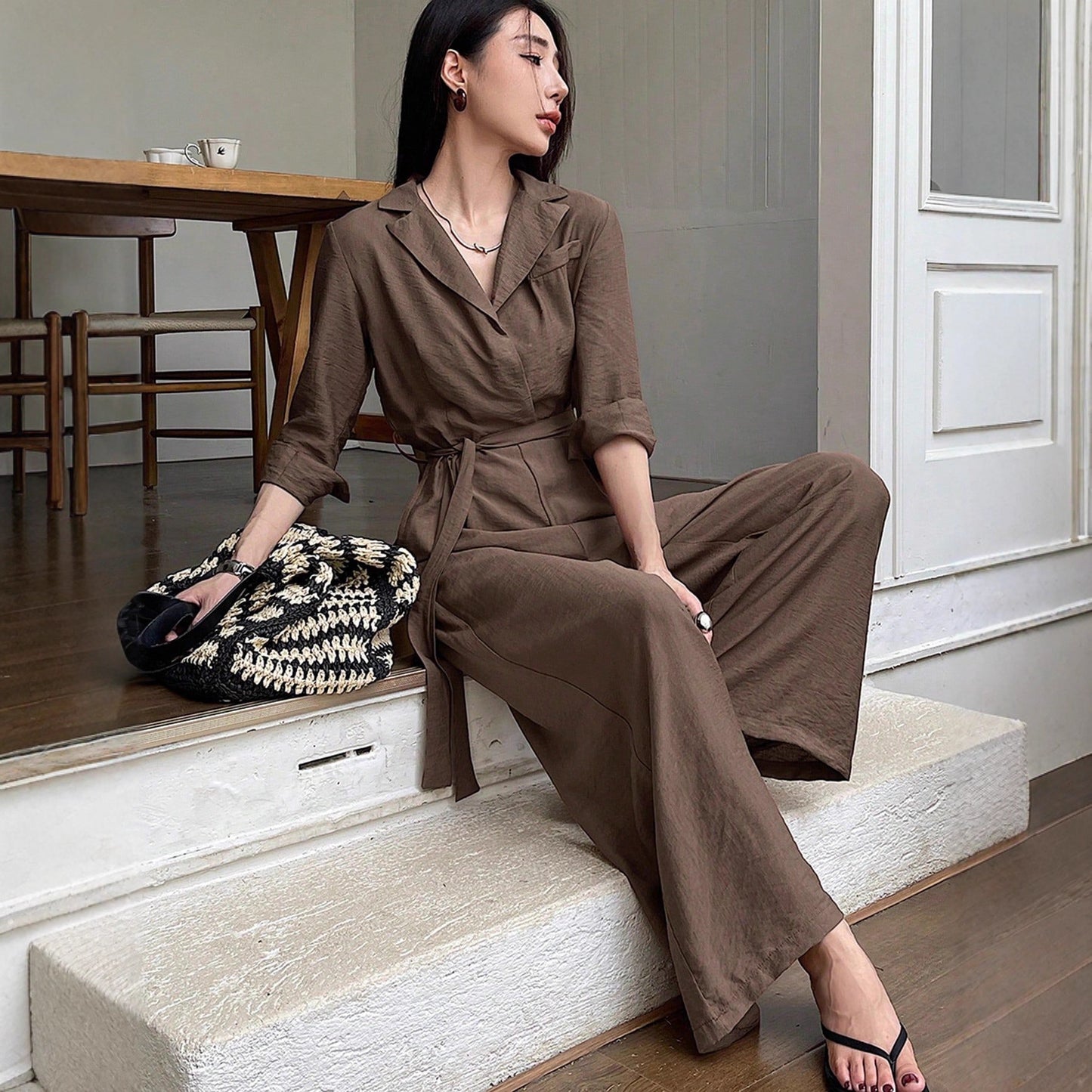 Elegant Solid-Color V-Neck Long-Sleeve Lace-Up Wide-Leg Jumpsuit