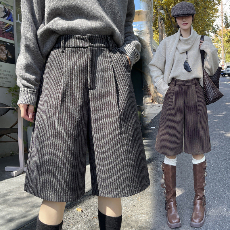 Womens AutumnWinter High-Waisted Striped Retro Wide-Leg Cropped Pants