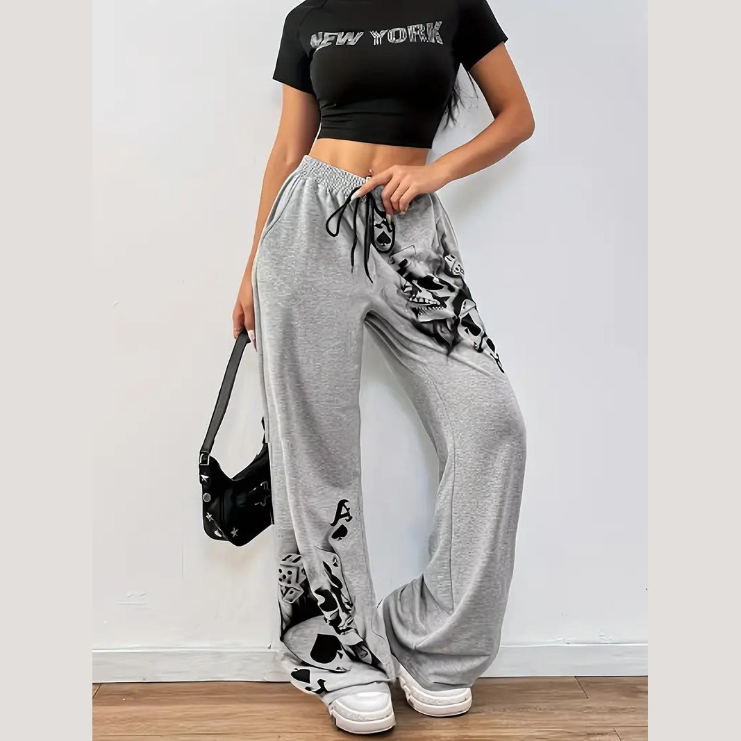 Womens Casual Wide-leg Pants With A Charcoal-colored Tire-track Pattern